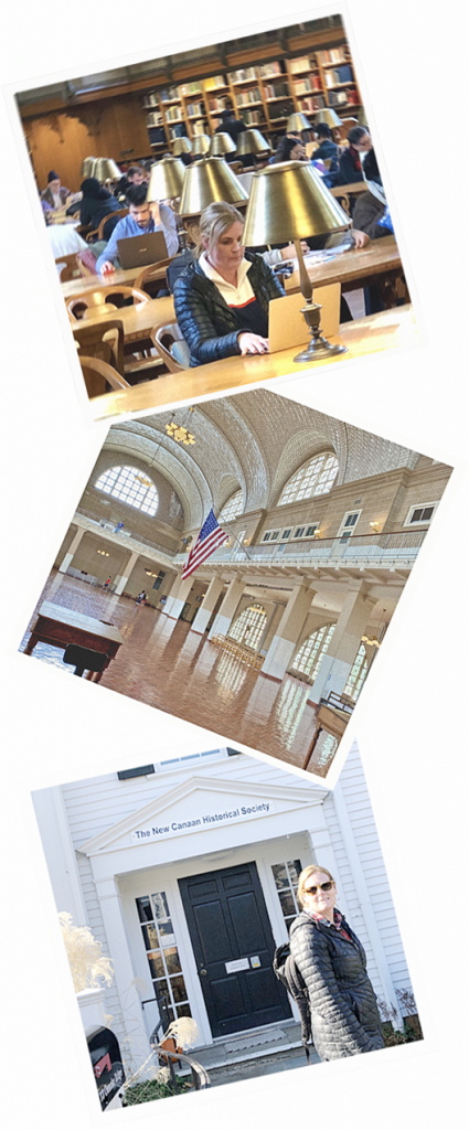 3 photos stacked vertically, top shows Stephanie at New York Public Library, middle, a hall at Ellis Island, bottom , Stephanie at New Canaan Historical Society