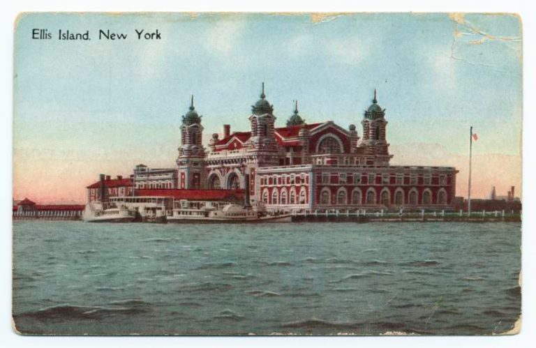 An old photo postcard of Ellis Island from around 1915